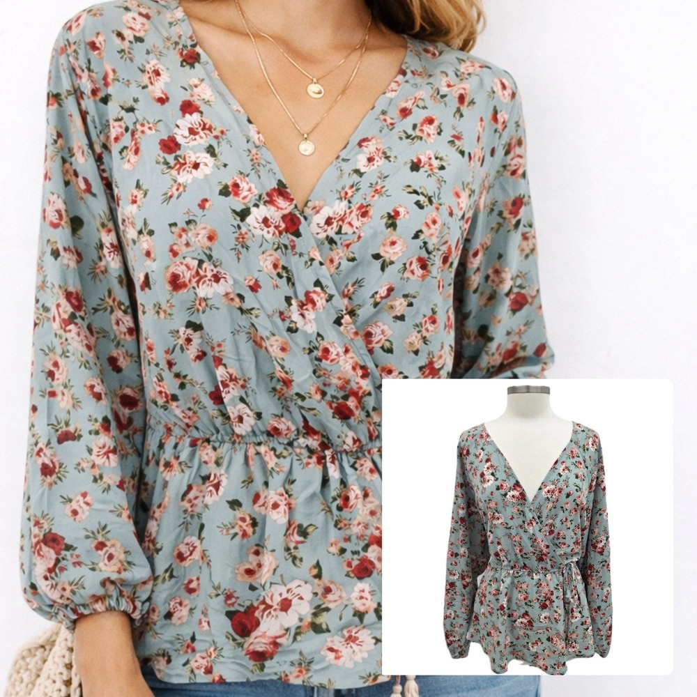 Ophelia‎ Roe Wrap Blouse Floral V-Neck Tie Waist Peplum Boho Womens 3X